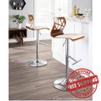 Lumisource BS-JY-FL WL+CR Folia Mid-Century Modern Adjustable Barstool with Swivel in Walnut And Cream Faux Leather 